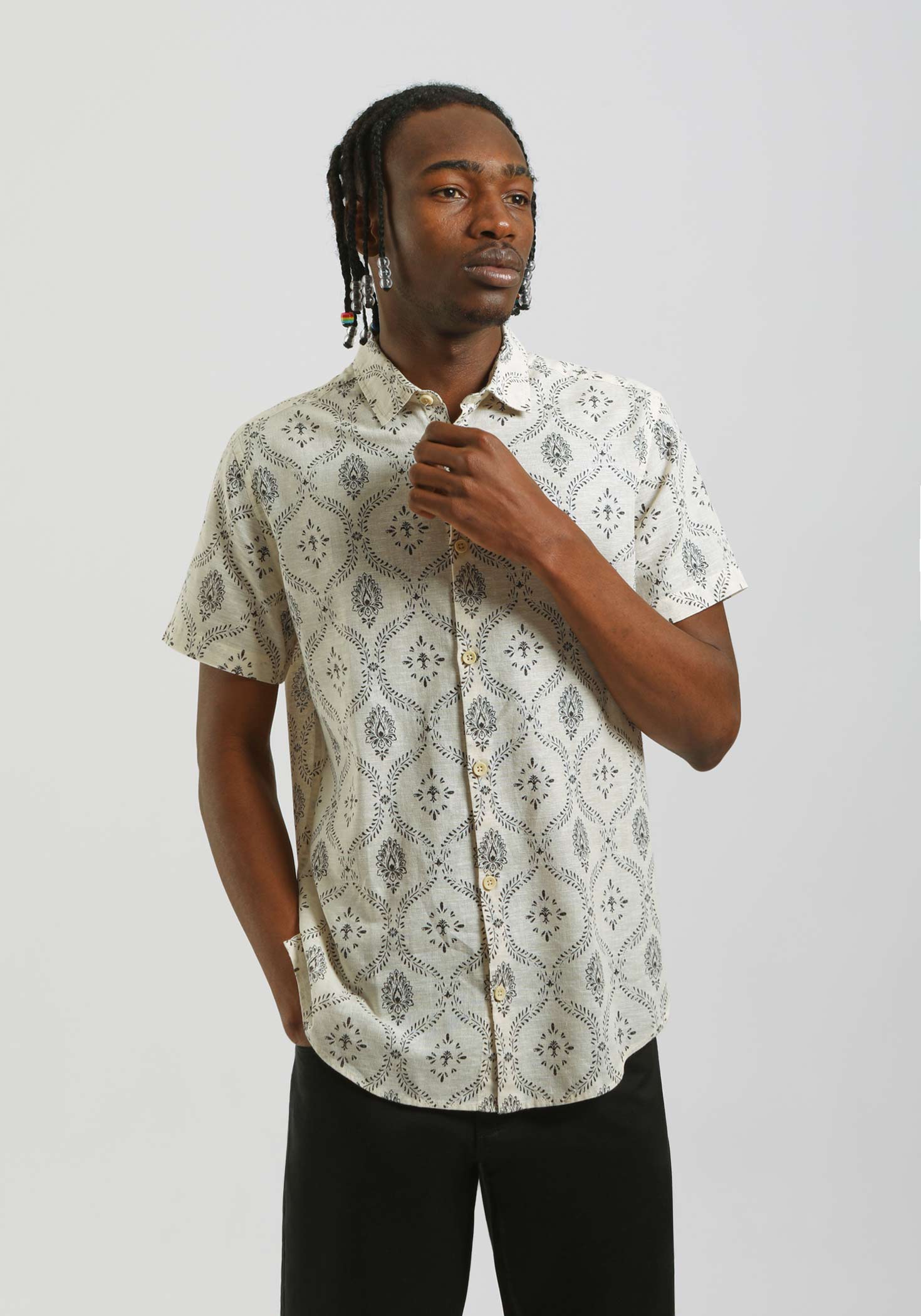 Camicia mezza manica misto lino cotone con fantasia