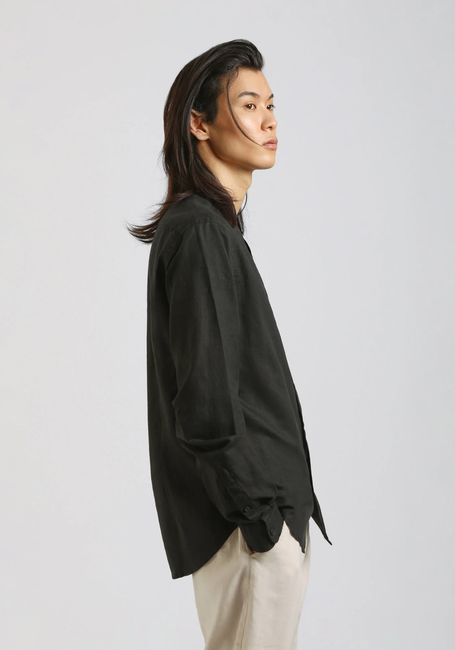 Camicia misto lino con collo coreano - Image 3