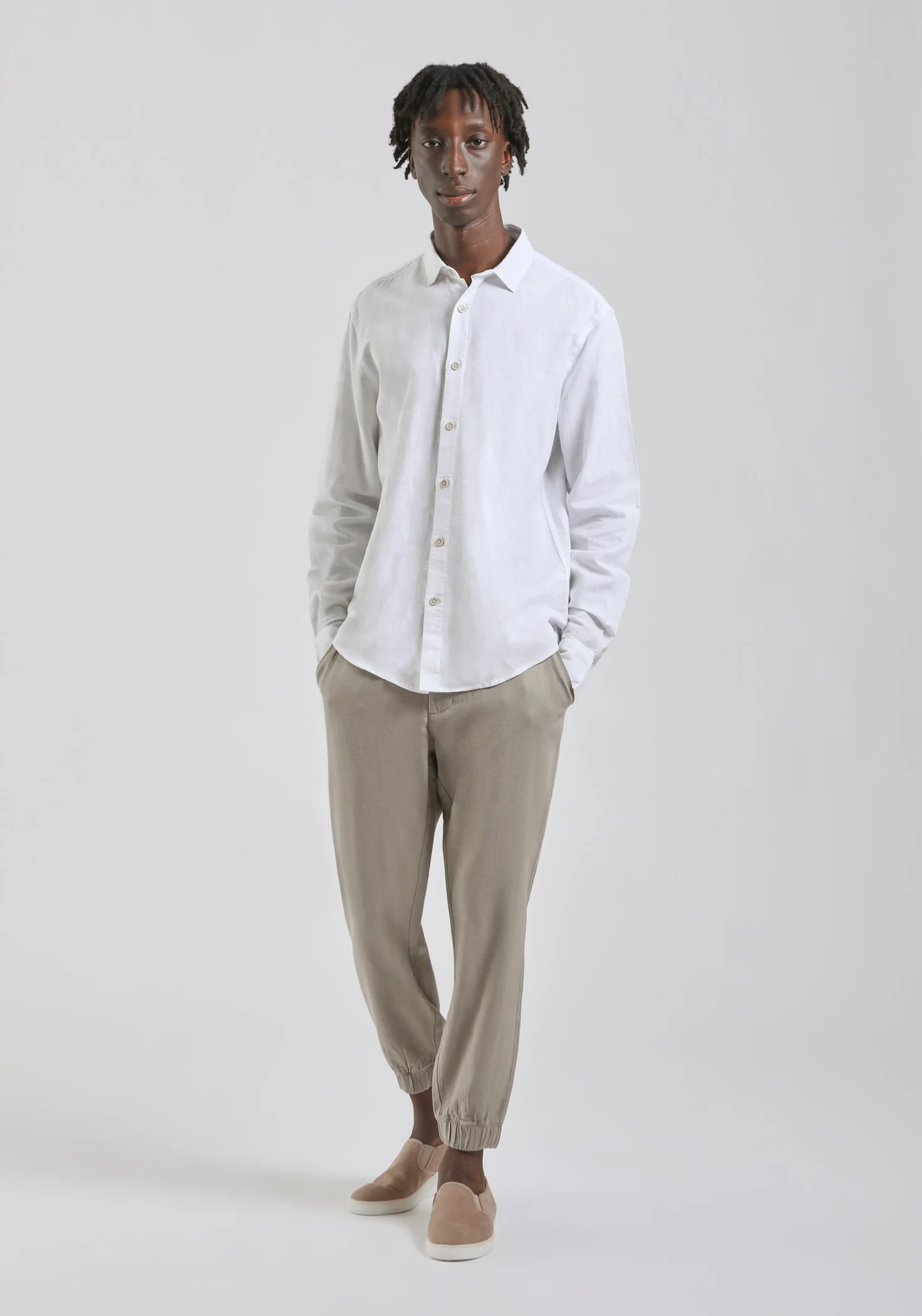 Pantaloni misto lino con elastici alle caviglie